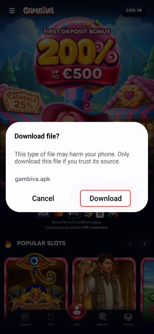 Confirm the Gambiva app download request in the pop-up window.