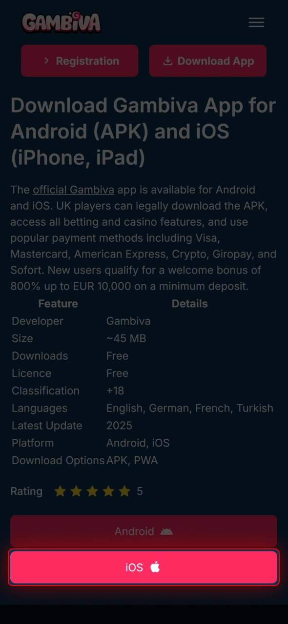 Tap the download button to start installing the Gambiva iOS app.