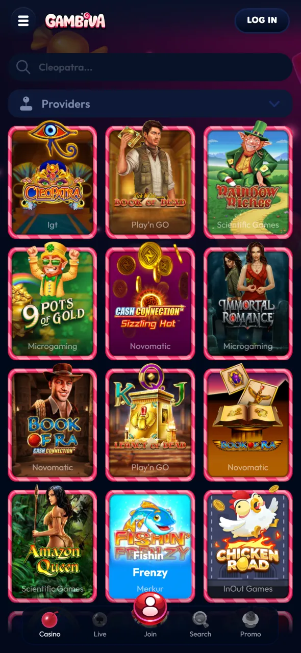 Enjoy casino games and live entertainment in the Gambiva app casino lobby.