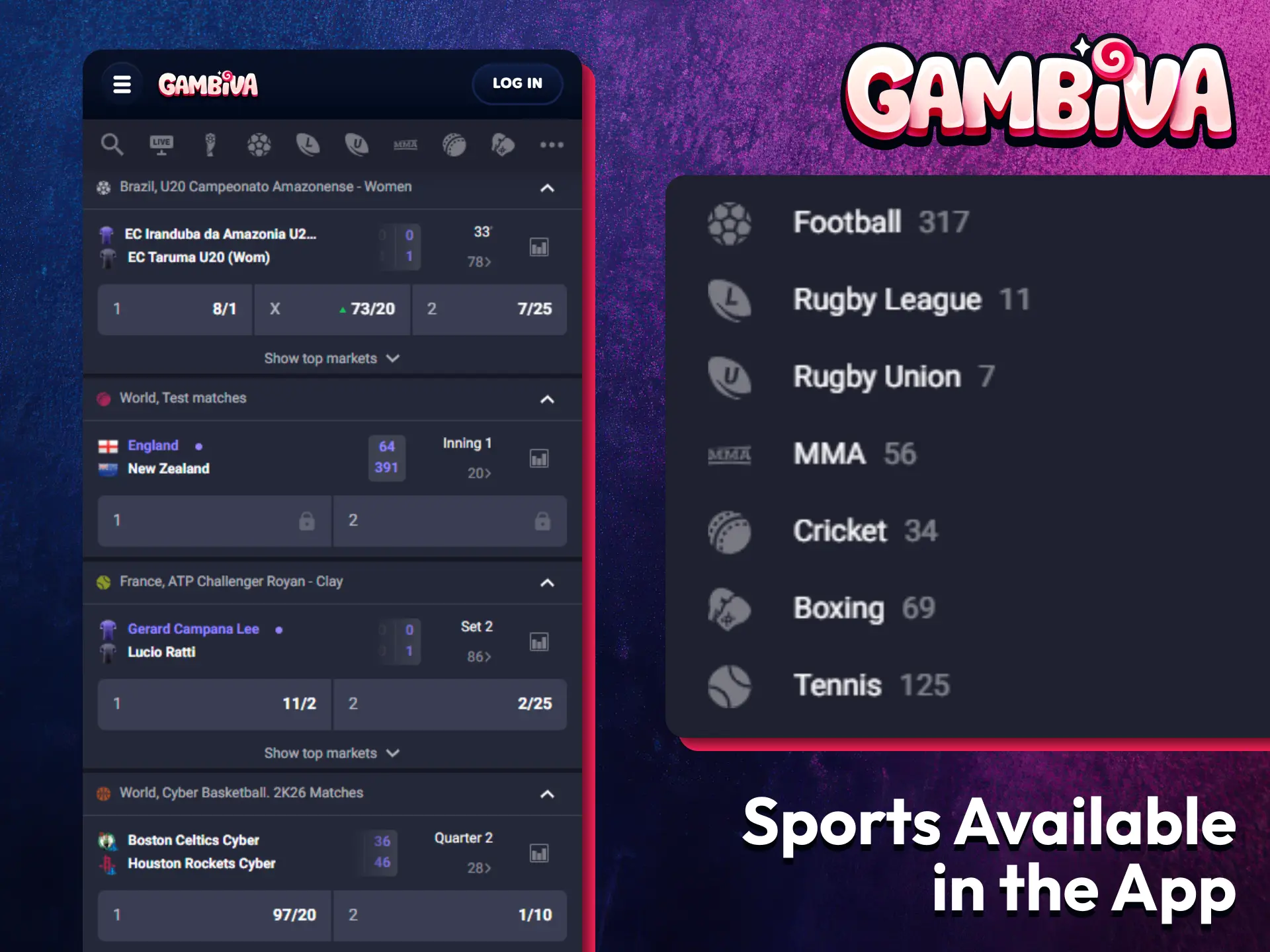 Explore sports markets available in the Gambiva betting app.