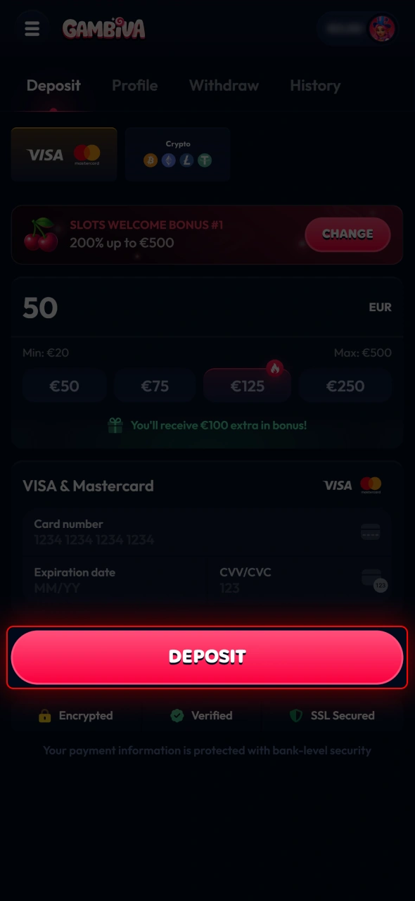 Confirm the transaction details and complete your Gambiva deposit.