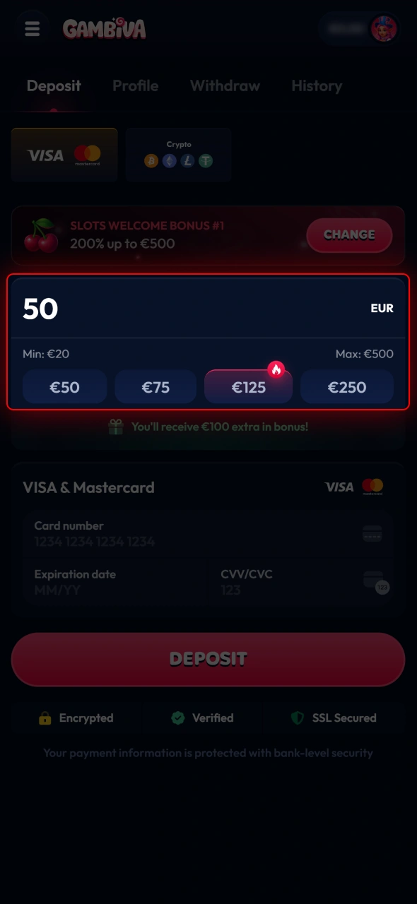 Enter the deposit amount you wish to add to your Gambiva balance.