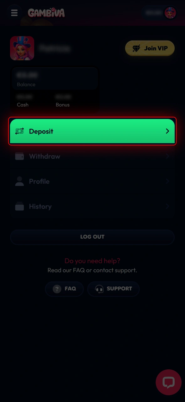 Navigate to the Gambiva cashier section to access payment options.