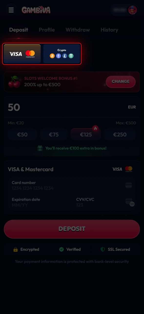 Select your preferred payment method from the available Gambiva choices.