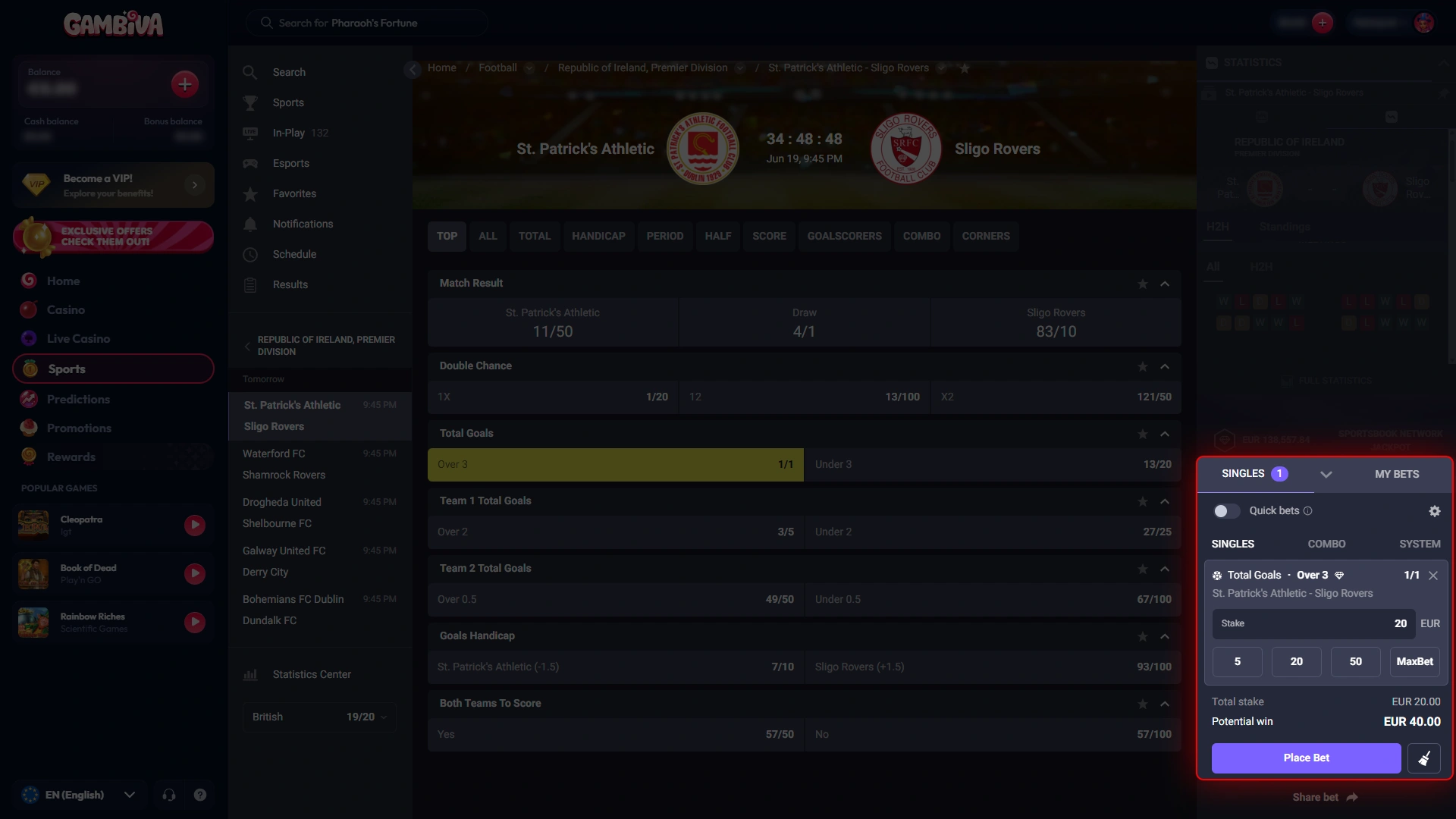 Enter your stake and confirm the wager through Gambiva.