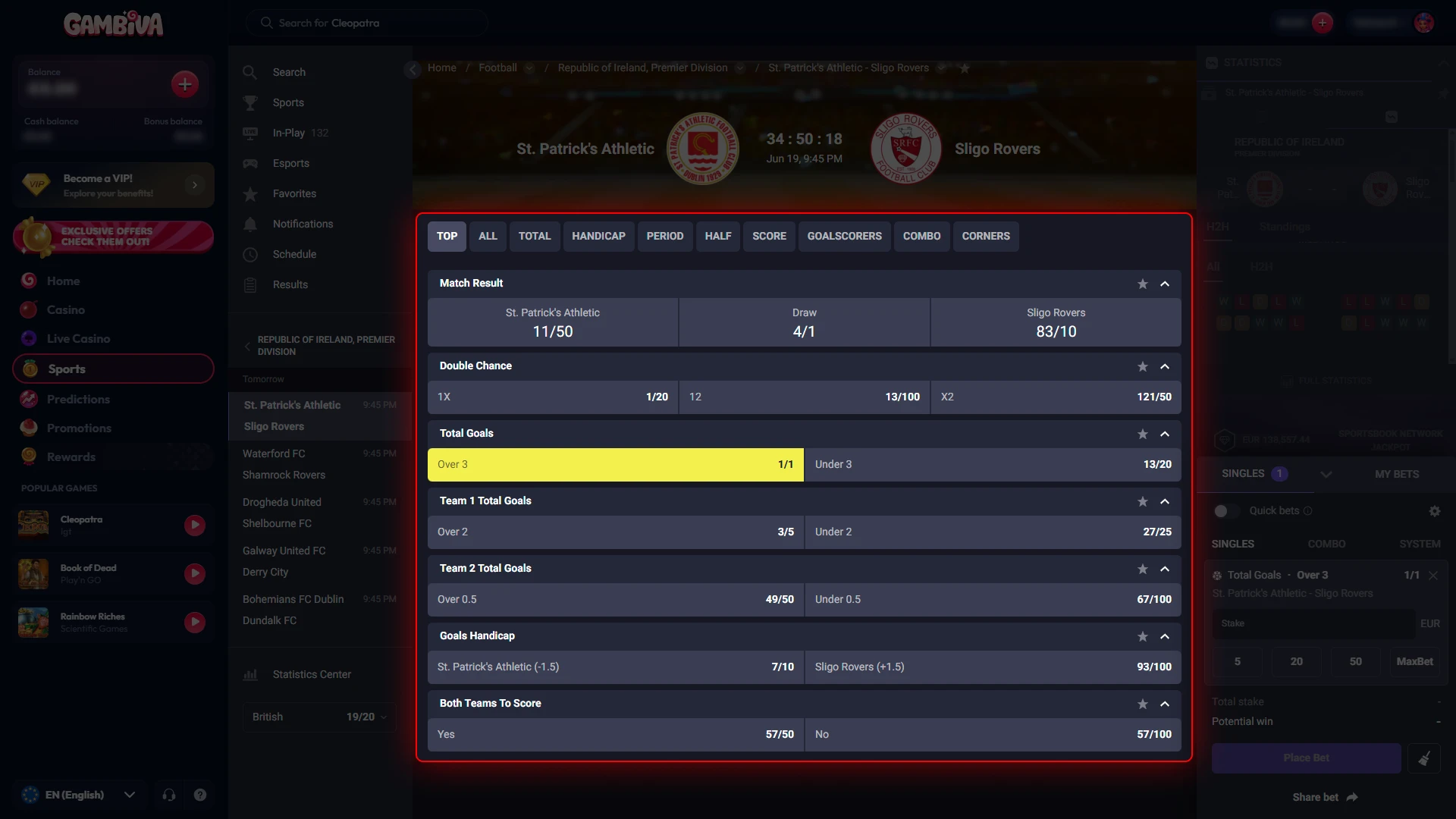 Select a market and add your choice to the Gambiva bet slip.