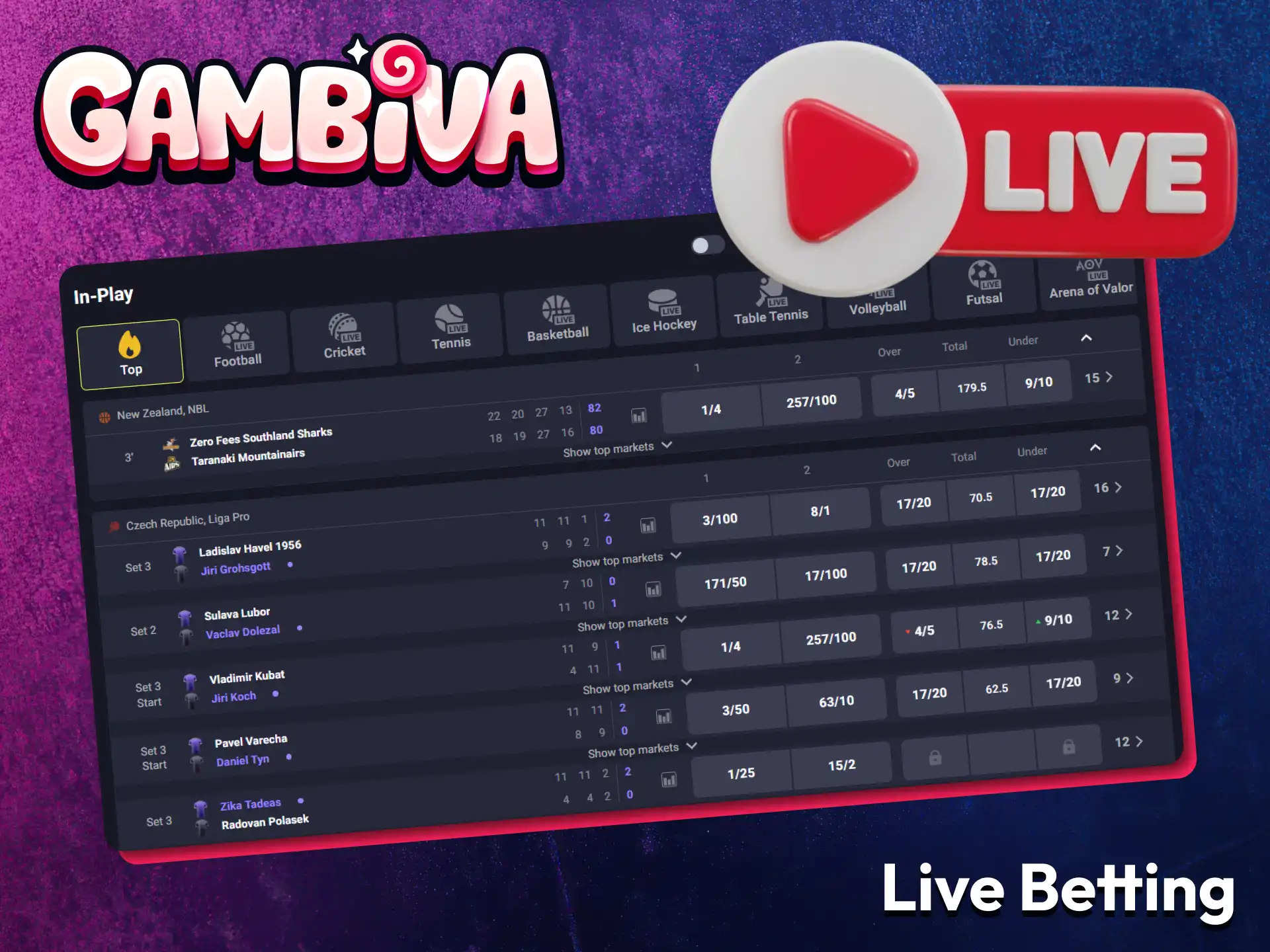 Enjoy live betting action with constantly updated odds on Gambiva.