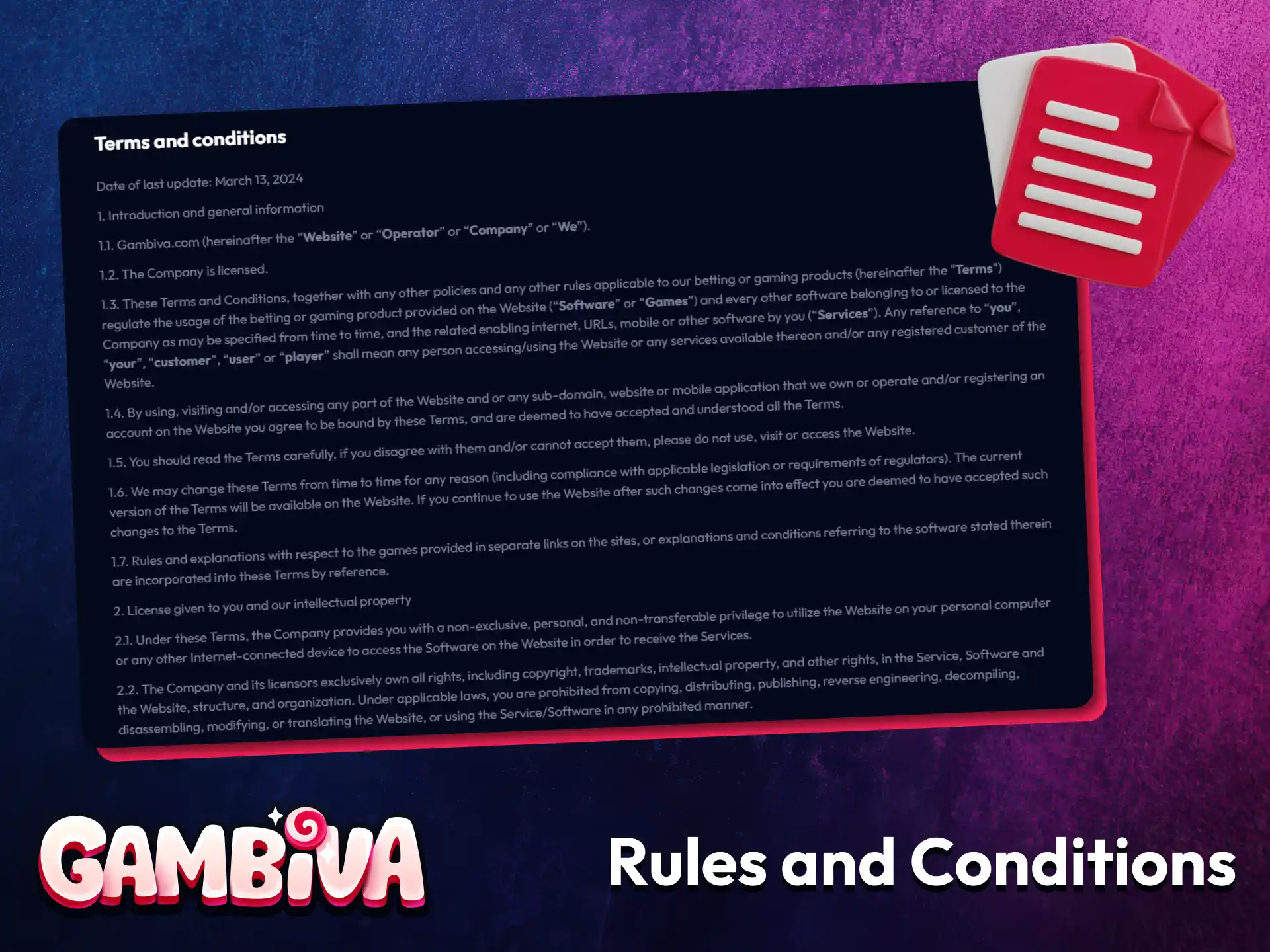 Review the rules and conditions that apply to Gambiva services.