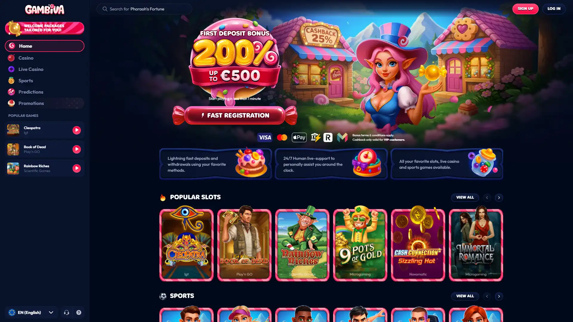 Browse the Gambiva homepage to discover available services and promotions.