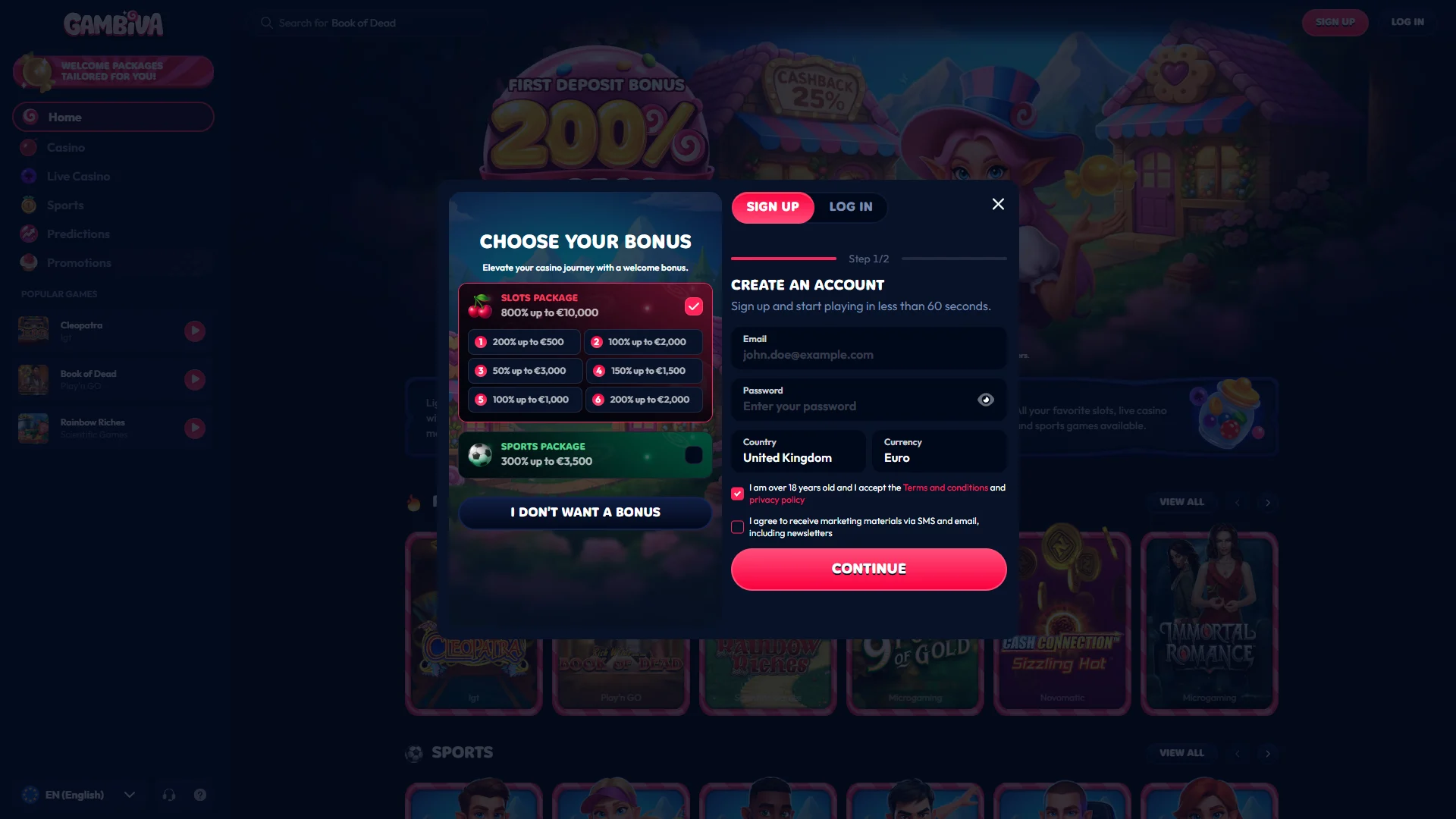Create a Gambiva account through the registration section of the website.