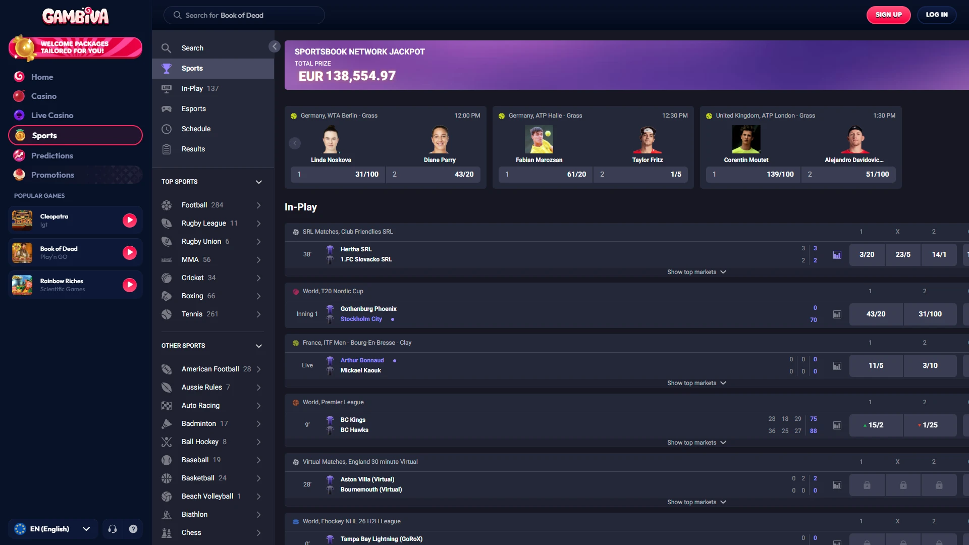 Access sports betting markets through the Gambiva sportsbook section.