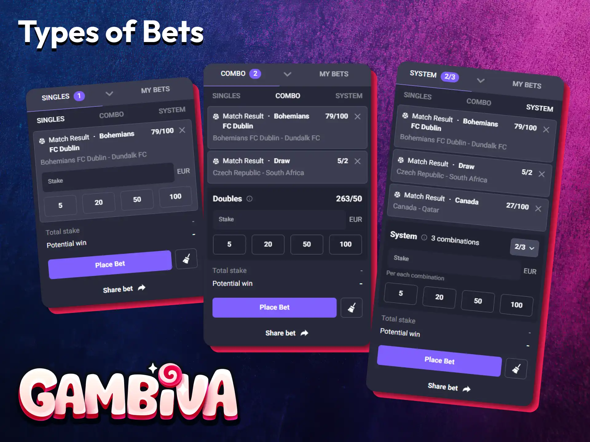 Learn about the different betting types offered by Gambiva.
