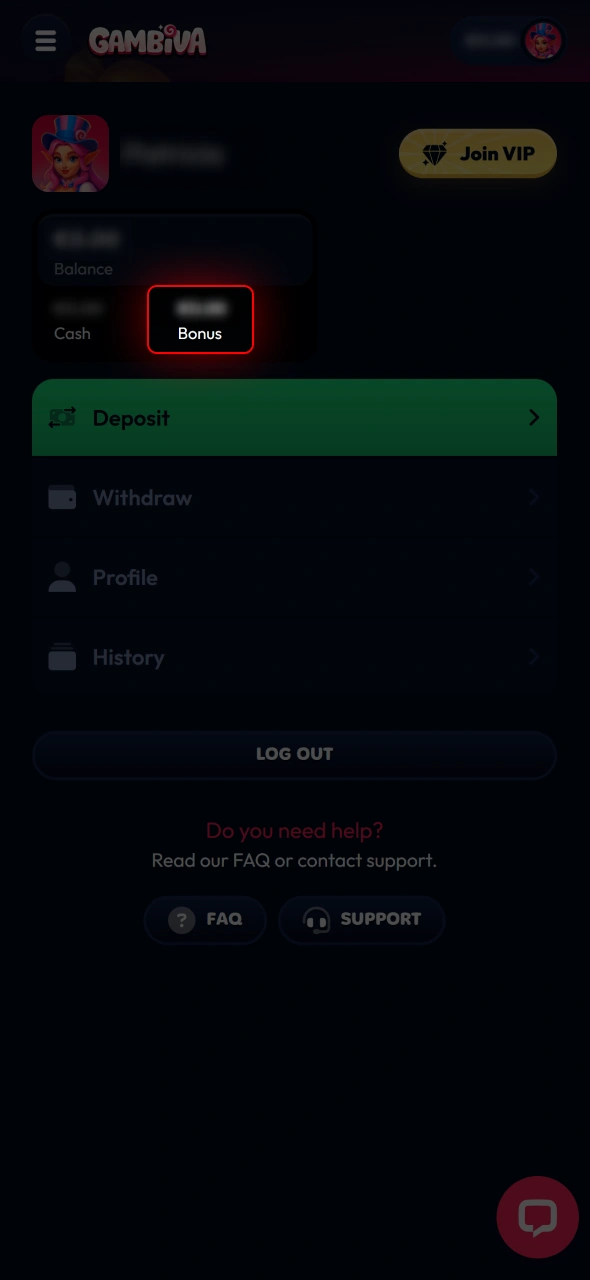 Check your Gambiva bonus balance after completing the promotion requirements.
