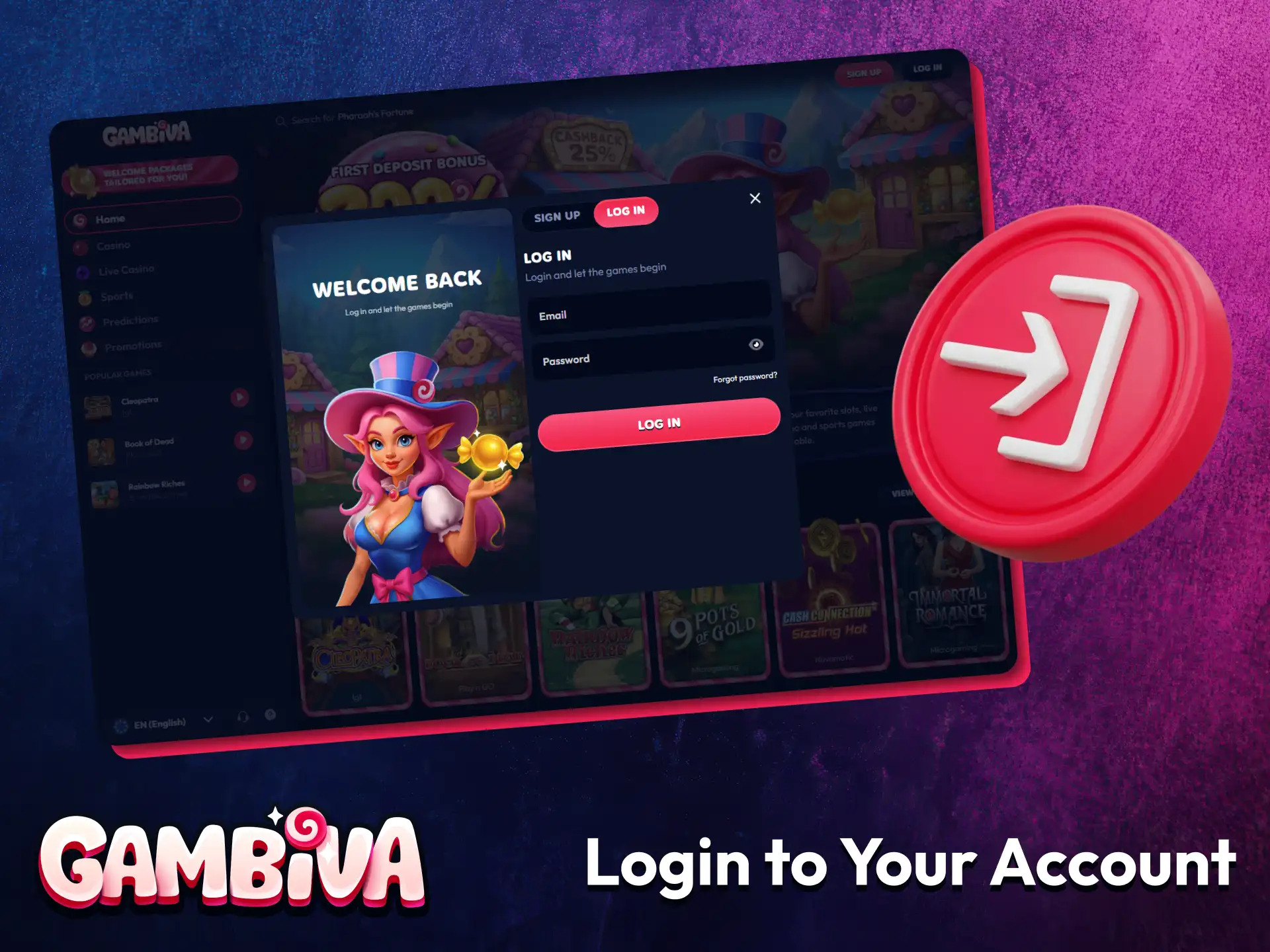 Access your Gambiva account by entering your registered credentials.