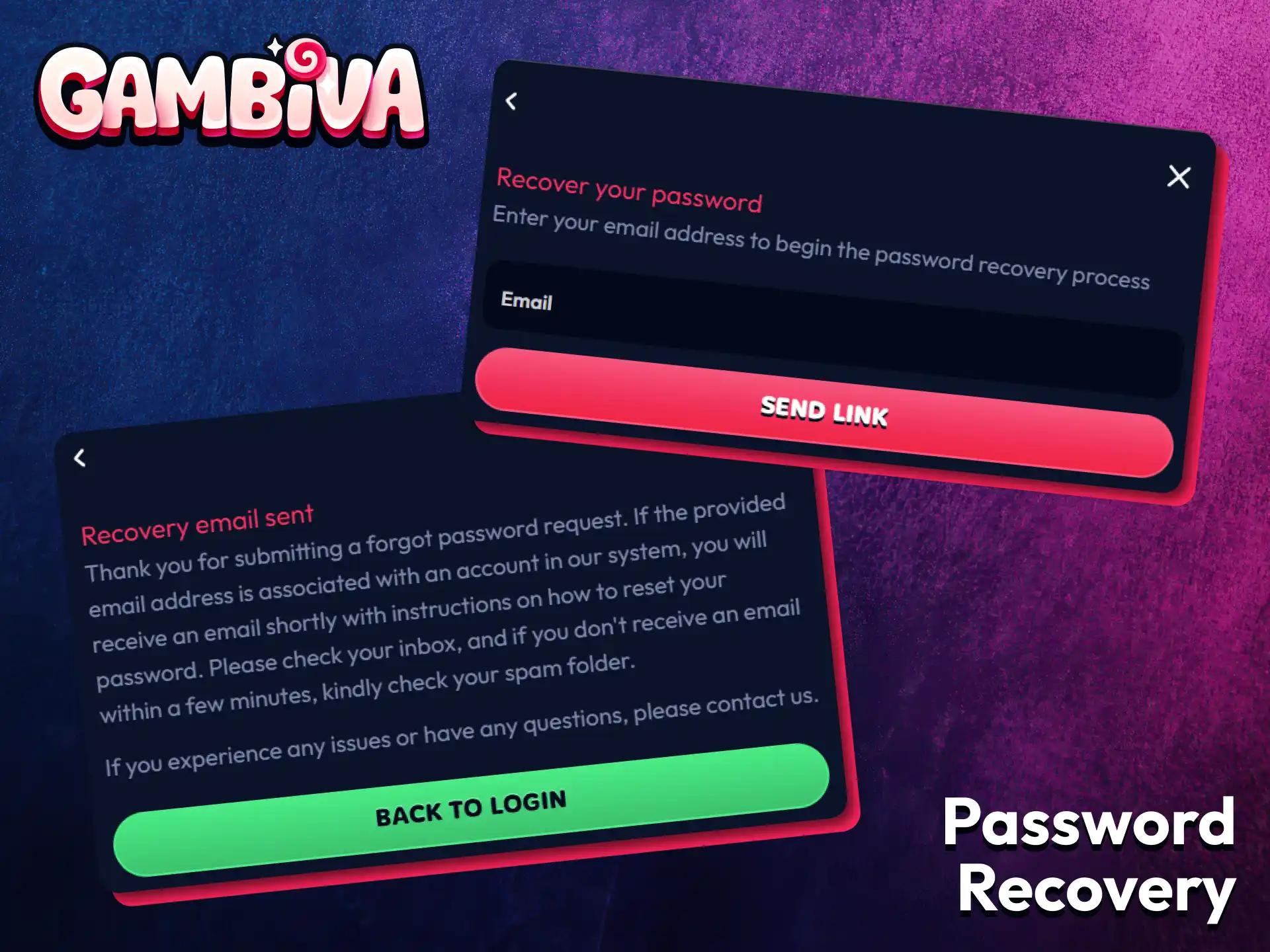 Recover access to your Gambiva account using the password recovery option.