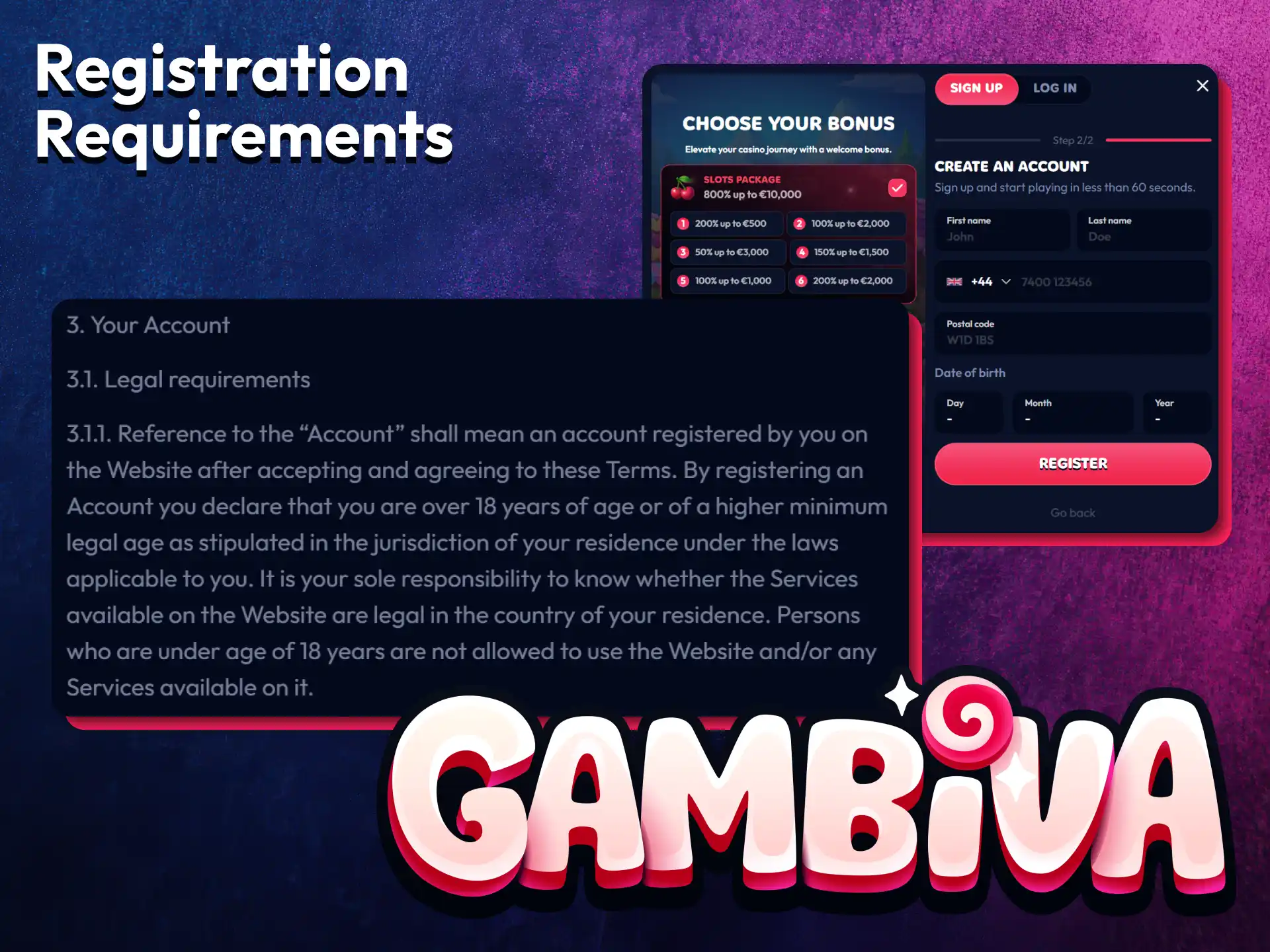 Review the requirements needed to register an account with Gambiva.