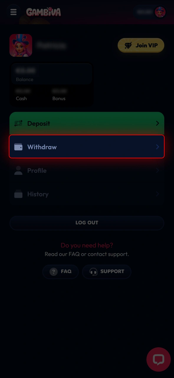 Go to the Gambiva cashier section to access withdrawal options.