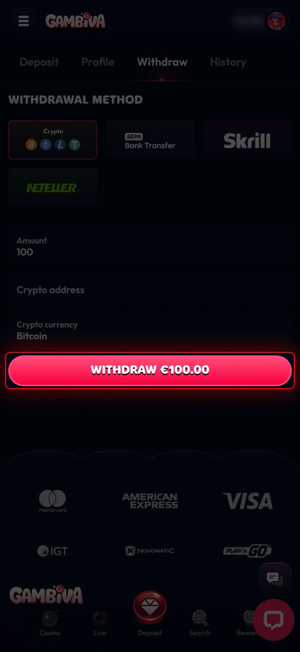 Confirm the details and submit your Gambiva withdrawal request.