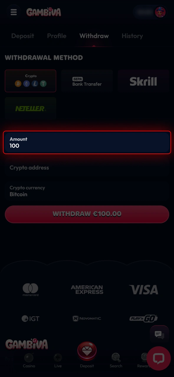 Enter the amount you wish to withdraw from your Gambiva account.