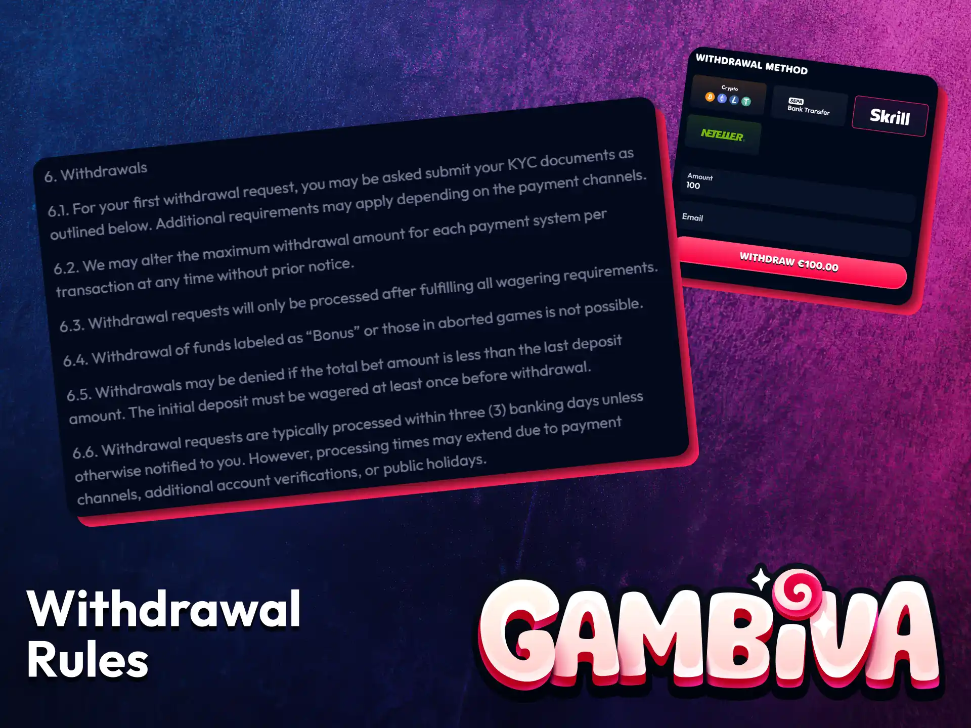 Review the Gambiva withdrawal rules and conditions before requesting a payout.